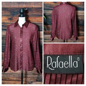Rafaella Vintage Top Blouse 8 Burgundy Wine Pleated Sheer Burnout Satin Trim